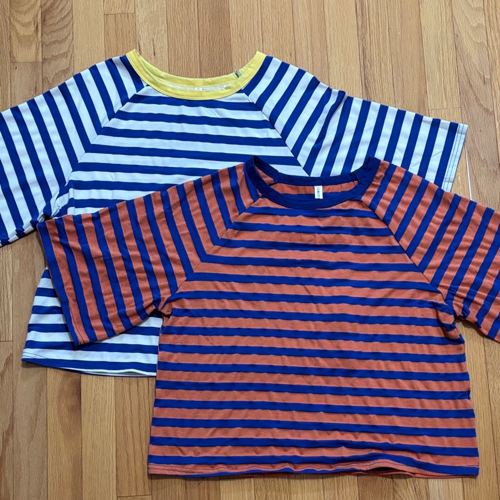 Striped Raglan Crop Tee Pair - Blue/White & Navy/Orange